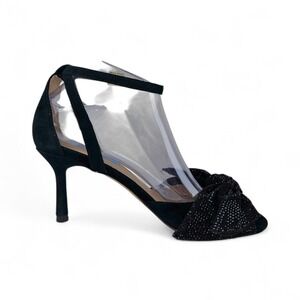 Draper James Stiletto Heels 7.5 Black Rhinestone Bow Ankle Strap Buckle Open Toe